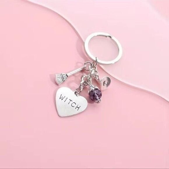 Witch, Keychain with cauldron broom, witch hat, purple beaded, glass, crystal - Picture 1 of 5